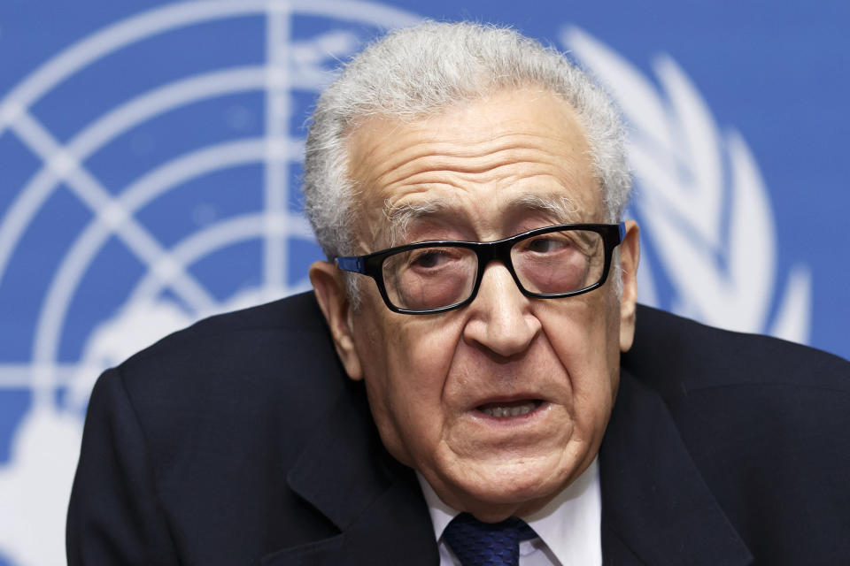 UN-Arab League envoy for Syria Lakhdar Brahimi speaks during a news conference after closing the second round of negotiation between the Syrian government and the opposition at the European headquarters of the United Nations, in Geneva, Switzerland, Saturday, Feb. 15, 2014. Brahimi ended direct talks between the Syrian government and opposition Saturday without finding a way of breaking the impasse in peace talks. Saturday's talks, which lasted less than half an hour, left the future of the negotiating process in doubt. (AP Photo/Keystone, Salvatore Di Nolfi)