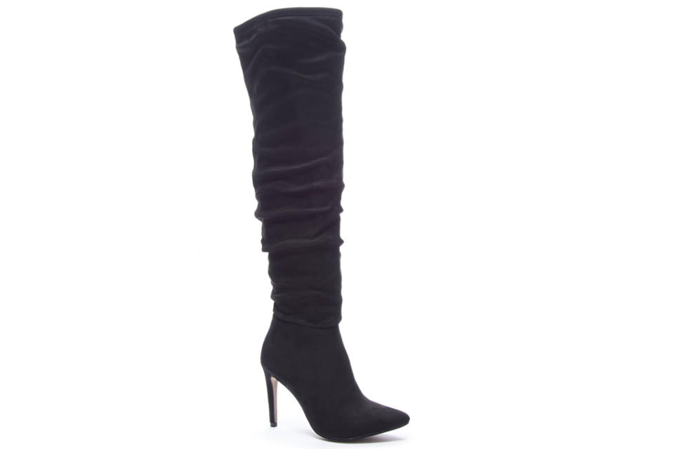 black boots, knee high, heeled, pointed toe, suede, chinese laundry