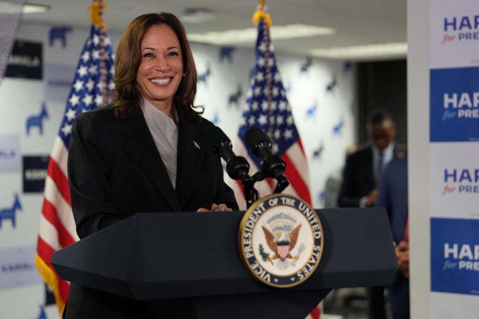 TOPSHOT - US Vice President and Democratic presidential candidate Kamala Harris speaks at her campaign headquarters in Wilmington, Delaware, on July 22, 2024. Harris on Monday compared her election rival Donald Trump to 