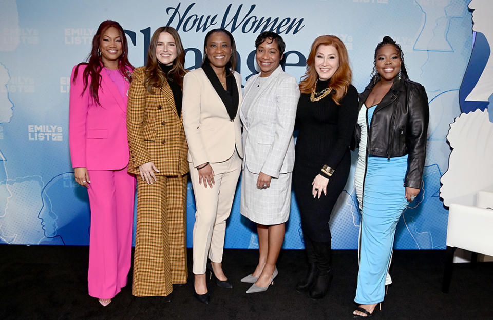 (L-R) Garcelle Beauvais, Sophia Bush, EMILYs List President Laphonza Butler, Attorney General of Massachusetts Andrea Joy Campbell, Lisa Ann Walter, and Amber Riley attend EMILYs List's 2023 Pre-Oscars Breakfast at The Beverly Hilton on March 07, 2023 in Beverly Hills, California.