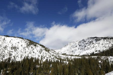 An above-average amount of snow covers the mountains near the location of the first snow survey of winter conducted by the California Department of Water Resources near Phillips, California, December 30, 2015. REUTERS/Fred Greaves