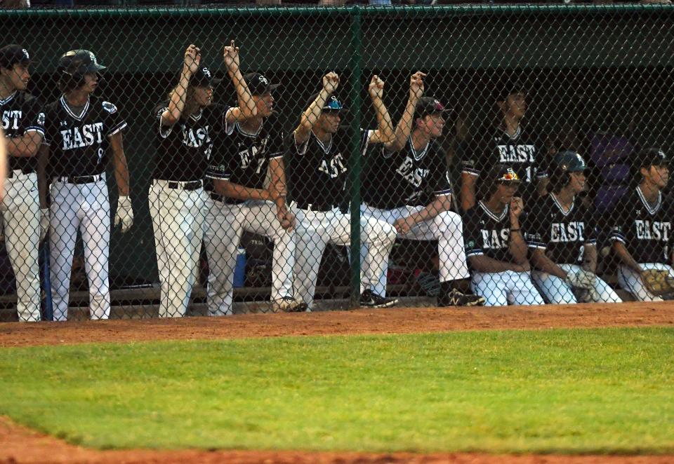 Sioux Falls Post 15 East players watch from the dugout in the American Legion regional tournament on Wednesday, August 4, 2021 at the Birdcage in Sioux Falls.