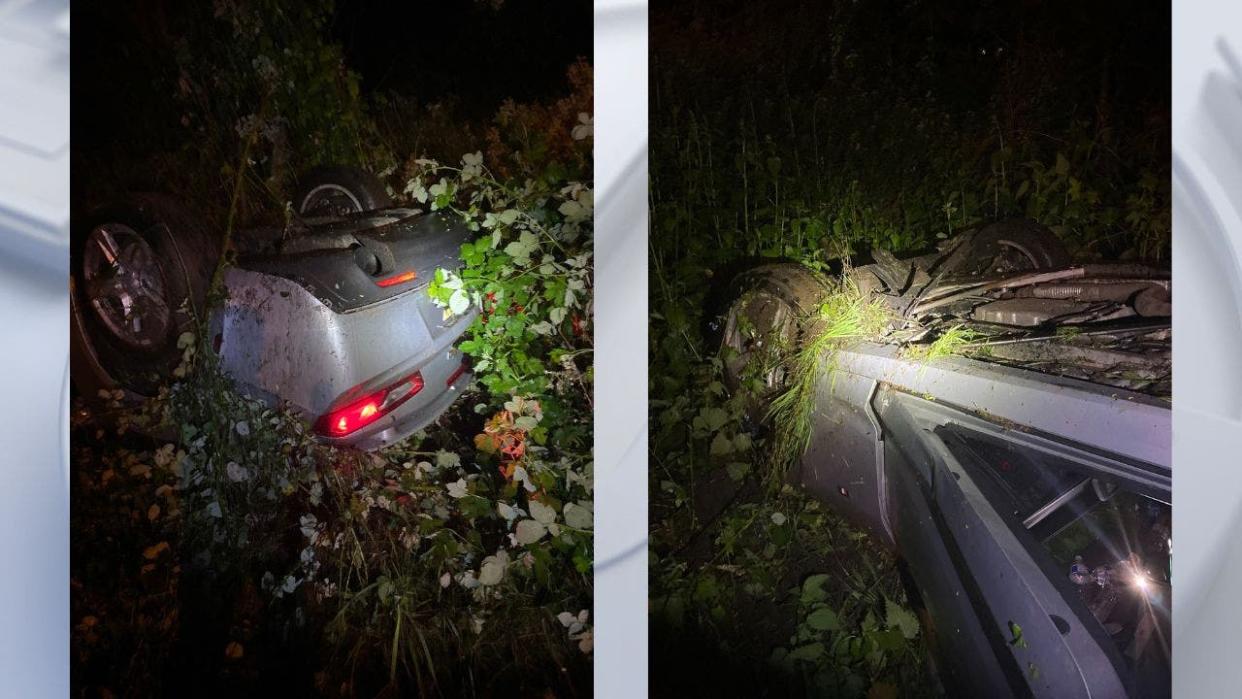 <div>Two images showing a car crashed upside down in Bellevue, Wash.</div> <strong>(Bellevue Police Department)</strong>