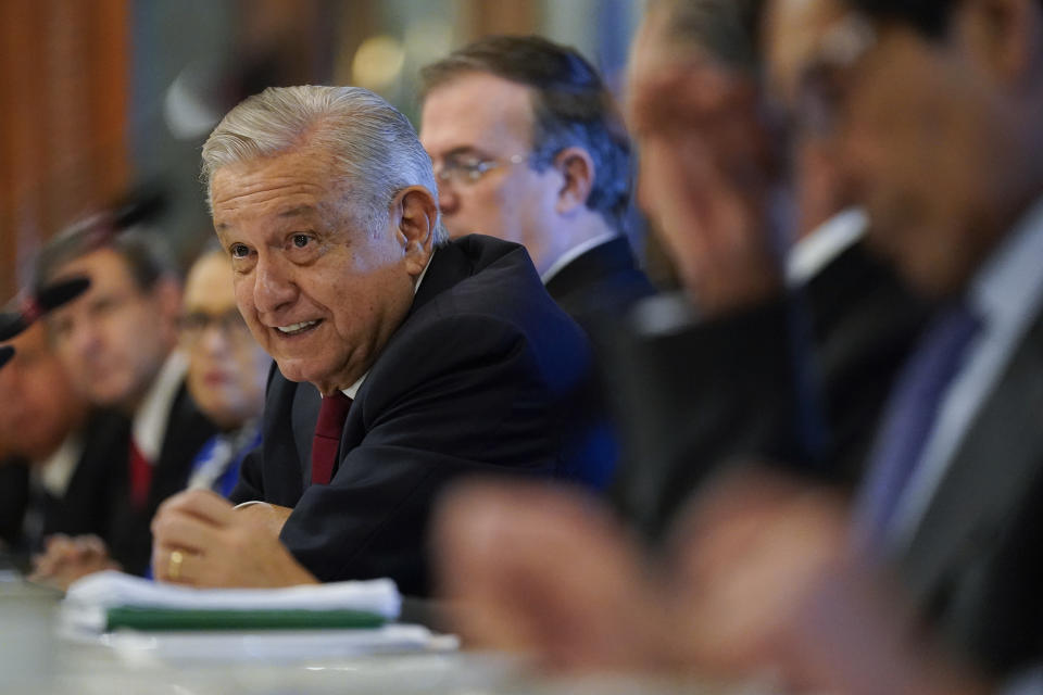 Mexican President Andrés Manuel López Obrador speaks during a working breakfast with Secretary of State Antony Blinken at the National Palace in Mexico City, Friday, Oct. 8, 2021. (AP Photo/Patrick Semansky, Pool)