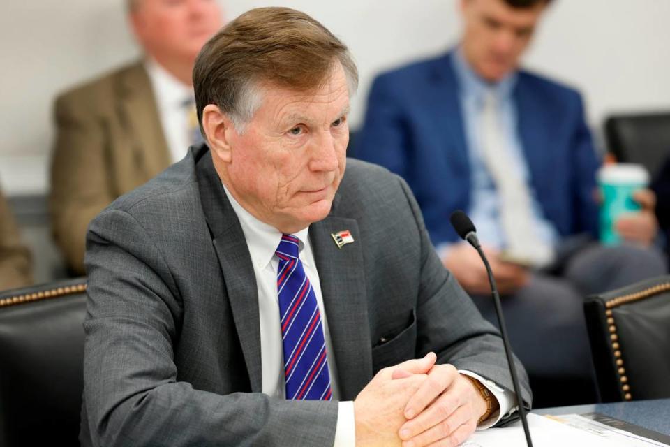 North Carolina Commissioner of Insurance Mike Causey listens during the Council of State meeting in Raleigh, N.C., Tuesday, Jan. 9, 2024.