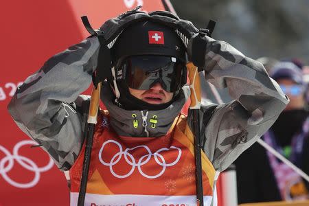 Freestyle Skiing - Pyeongchang 2018 Winter Olympics - Men's Ski Slopestyle Qualifications - Phoenix Snow Park - Pyeongchang, South Korea - February 18, 2018 - Fabian Boesch of Switzerland reacts after run. REUTERS/Mike Blake