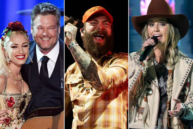 <p>Kevin Winter/Getty; Scott Dudelson/Getty; Jeff Kravitz/Getty</p> Gwen Stefani and Blake Shelton, Post Malone and Lainey Wilson