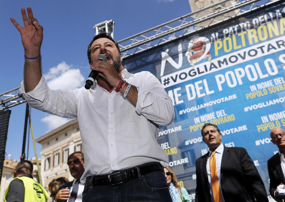 The League's leader Matteo Salvini speaks during a demonstration with far-right party Brothers of Italy against the 5-Star and Democratic party coalition government while Italian Premier Giuseppe Conte was addressing Parliament at the Lower Chamber, in Rome, Monday, Sept. 9, 2019. The lower Chamber of Deputies, where the government has a comfortable majority, is set to vote Monday evening. (Riccardo Antimiani/ANSA via AP)