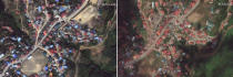 This combination of two satellite images provided by Maxar Technologies shows a comparison view of Jan. 6, 2018, left, and Nov. 12, 2021, right, before and after of the fires that recently burned numerous homes and structures in the town of Thantlang, Myanmar. More than 580 buildings have been burned since September, according to satellite image analysis by Maxar Technologies. (Satellite image ©2021 Maxar Technologies via AP)