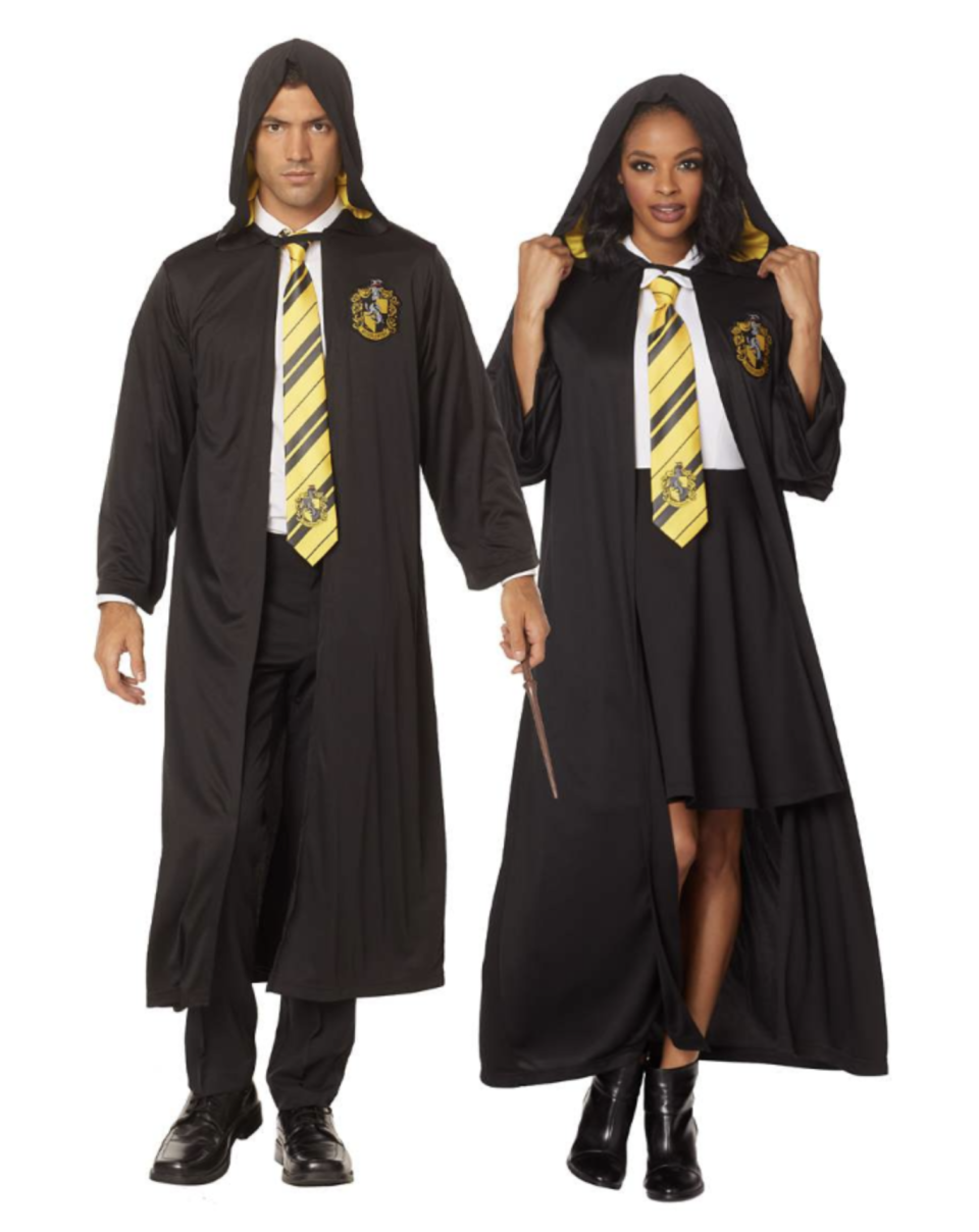 man and woman wearing black Harry Potter Hufflepuff Robe and yellow tie