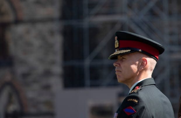 Lt.-Gen. Wayne Eyre listens to speakers during a change of command parade for the Canadian Army in 2019. Eyre released a statement on Saturday stating that elements of the culture in Canada's military must change.  (Adrian Wyld/The Canadian Press - image credit)