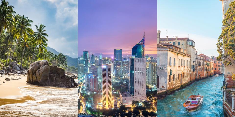 composite of Puerto Vallarta, Mexico; Jakarta, Indonesia; and Venice, Italy