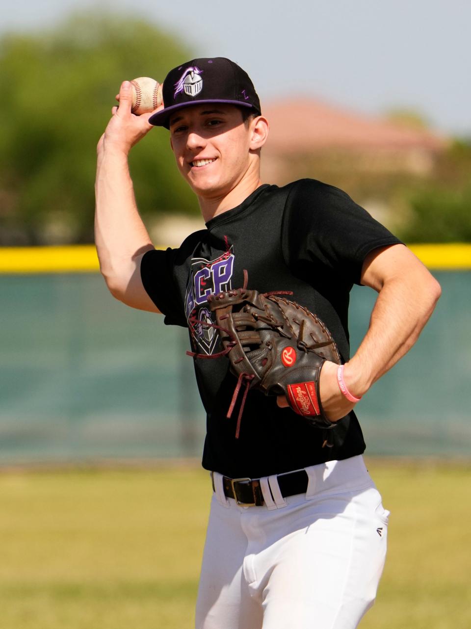 Apr 19, 2023; Chandler, AZ, USA;  Arizona College Prep pitcher Michael Karlin during practice at Arizona College Prep baseball field. Mandatory Credit: Rob Schumacher-Arizona Republic 70127946007