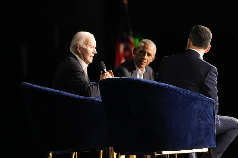 President Joe Biden speaks during a campaign event with former President Barack Obama moderated by Jimmy Kimmel, right, at the Peacock Theater, Saturday, June 15, 2024, in Los Angeles. (AP Photo/Alex Brandon)