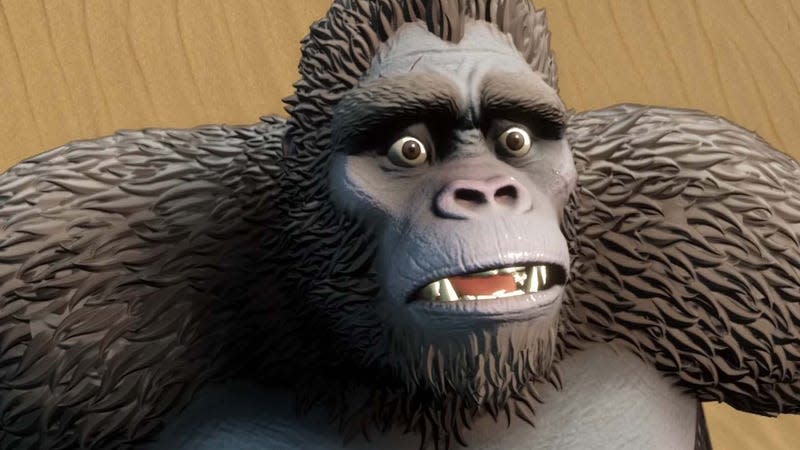 A screenshot of Skull Island shows a close up of King Kong's face. 