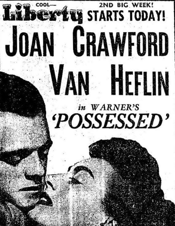 A movie advertisement in The Daily Oklahoman shows Oklahoma-born actor Van Heflin starring with actress Joan Crawford in 1941 in the psychological drama "Possessed."
