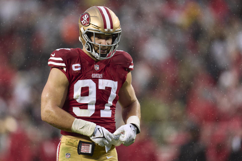 SANTA CLARA, CA - DECEMBER 11: Nick Bosa #97 of the San Francisco 49ers looks towards the sideline against the Tampa Bay Buccaneers during the second half at Levi's Stadium on December 11, 2022 in Santa Clara, California. (Photo by Cooper Neill/Getty Images)