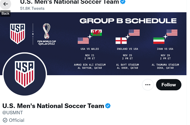 El banner en la cuenta de Twitter de la selección nacional masculina de fútbol de EE. UU.