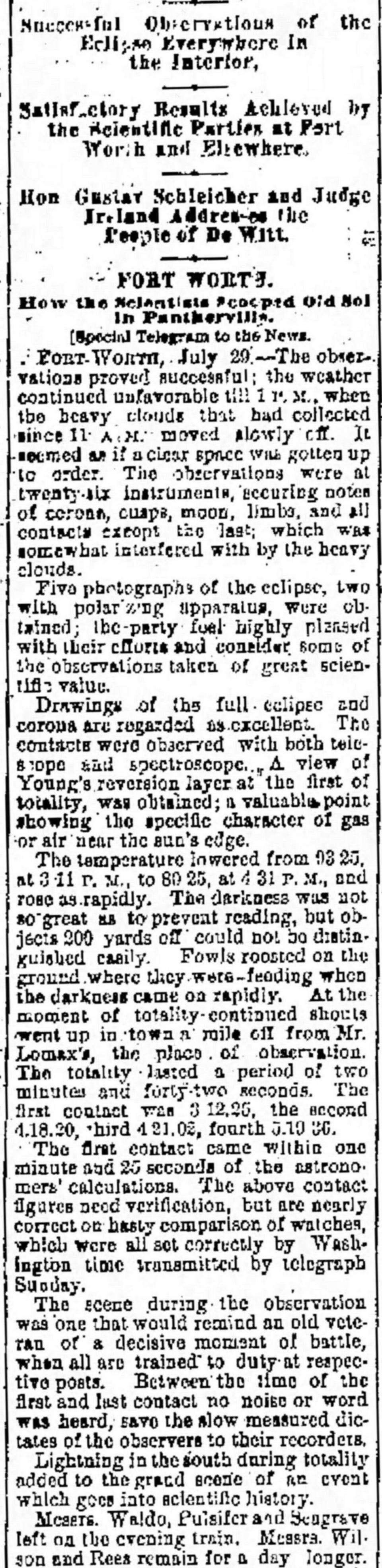 A Star-Telegram dispatch in the Galveston Daily News on Tuesday, July 30, 1878.