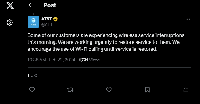 AT&T outage Twitter screenshot.