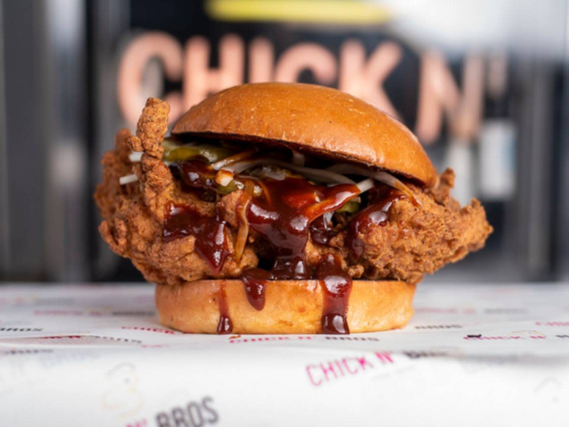 The Chick Norris sandwich at CHICK N’ Bros comes with fried chicken, pickles, onions, sweet and bold barbecue sauce and a brioche bun.