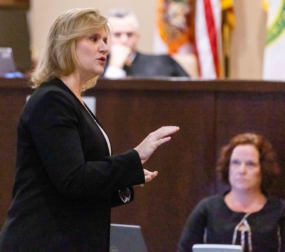 Assistant State Attorney Amy Berndt makes a point during her opening remarks to jurors in the Michael Jones trial