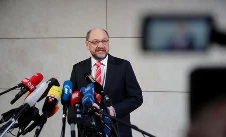 Social Democratic Party (SPD) leader Martin Schulz delivers a statement before exploratory talks about forming a new coalition government, at the SPD headquarters in Berlin, Germany, January 7, 2018. REUTERS/Hannibal Hanschke