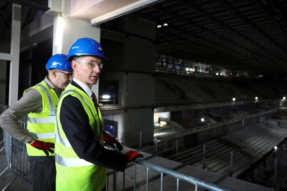 Chancellor Jeremy Hunt visits the construction site of the Co-op Live in October (Toby Melville / Pool Photo via AP)