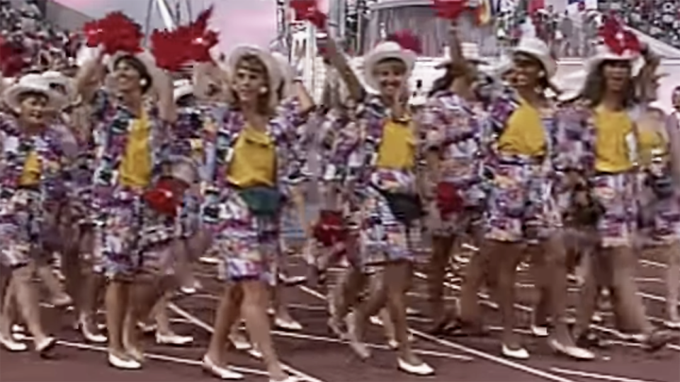 Canada Olympic team at 1992 Barcelona Games with foam maple leaves on their hands