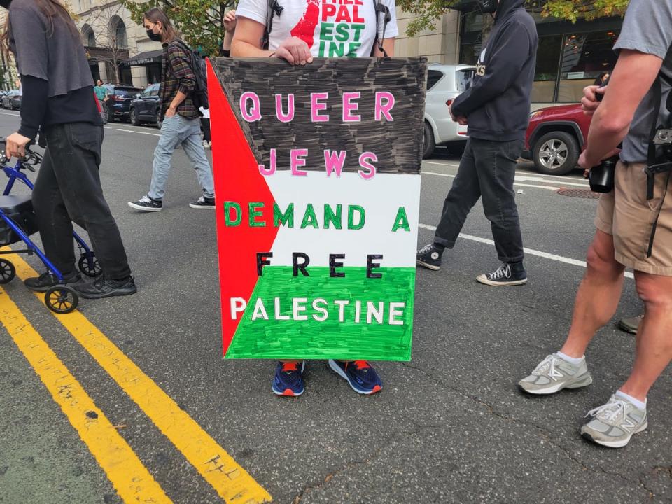 A man holds a sign at Saturday’s March for Palestine in Washington DC (John Bowden)