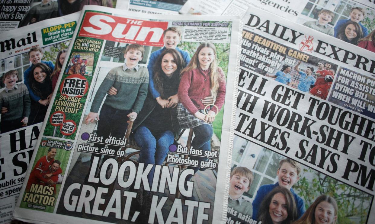 <span>The image of the Princess of Wales and her children on British newspaper front pages. </span><span>Photograph: David Cliff/EPA</span>