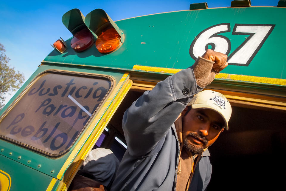 San Quintin, Baja California, Mexico, March 29 - A seasonal farm worker during a strike to ask for an increase in wages and better living conditions in San Quintin, in the Mexican state of Baja California, 200 km south from the border between Mexico and the United States. The inscription indicates: 