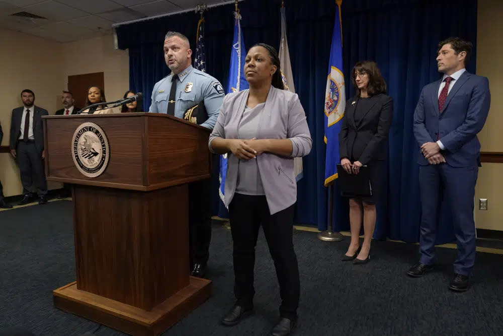 Minneapolis Police Chief Brian O’Hara, left, speaks about a Department of Justice report that found the Minneapolis Police Department has engaged in a pattern or practice of discrimination during a news conference, Friday, June 16, 2023, in Minneapolis. (AP Photo/Abbie Parr)