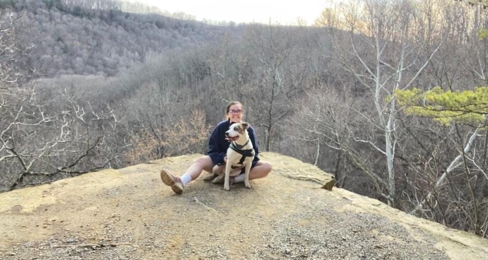 Roco and reporter Megan Becker on the  Southpoint Lookout trail at Buzzard's Roost on March 5, 2023.