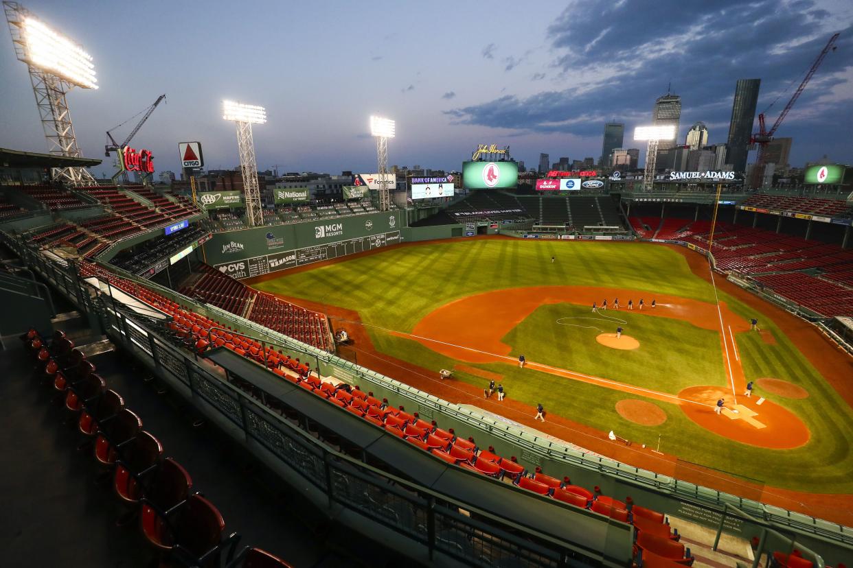 A general view of the stadium as the sun sets before a game between the Boston Red Sox and the Baltimore Orioles at Fenway Park on September 22, 2020 in Boston, Massachusetts.