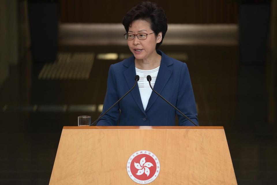 Hong Kong Chief Executive Carrie Lam takes part in her weekly press conference in Hong Kong on October 8, 2019. - Semi-autonomous Hong Kong has been battered by four months of increasingly violent pro-democracy protests sparked by opposition to a now-scrapped bill allowing extraditions to China. (Photo by Nicolas ASFOURI / AFP) (Photo by NICOLAS ASFOURI/AFP via Getty Images)