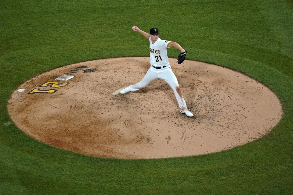 Pittsburgh Pirates starting pitcher Mitch Keller delivers during the fifth inning of the team's baseball game against the Cincinnati Reds in Pittsburgh, Wednesday, Sept. 15, 2021. (AP Photo/Gene J. Puskar)