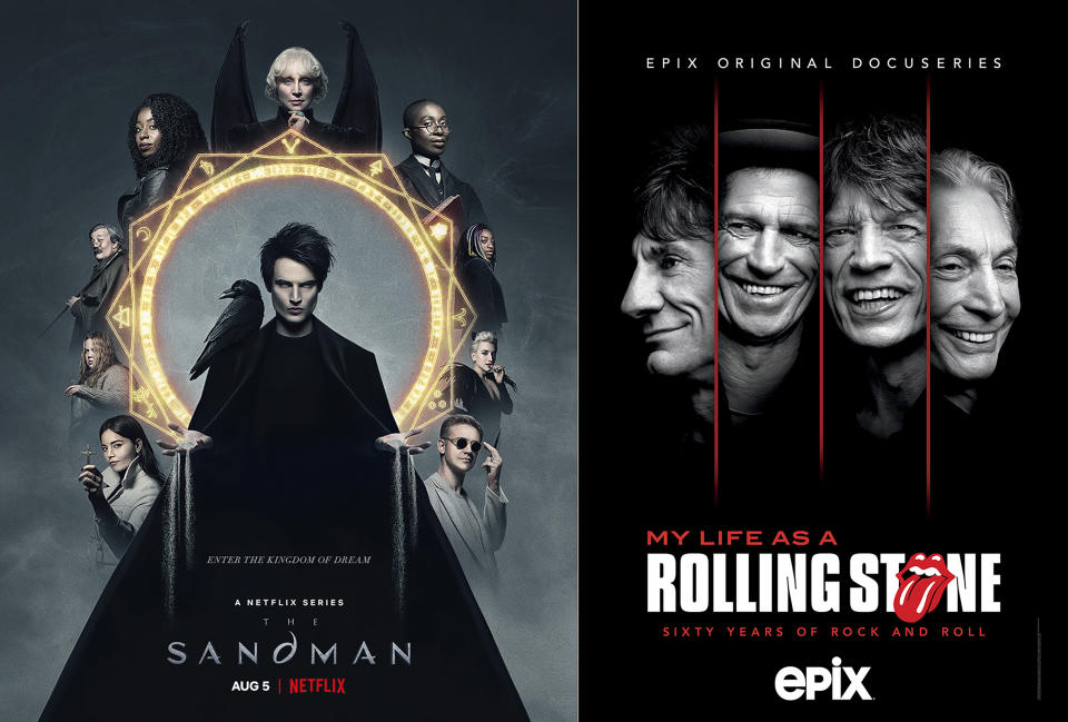 This combination of images shows promotional art for "The Sandman," a series streaming on Netflix on Aug. 5, left, and "My Life As A Rolling Stone," a four-part docuseries from Mercury Studios premiering on Epix on Aug. 7. (Netflix/Mercury Studios/Epix via AP)