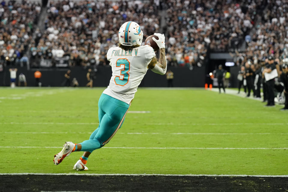 Miami Dolphins wide receiver Will Fuller (3) makes a catch for a two-point conversion against the Las Vegas Raiders during the second half of an NFL football game, Sunday, Sept. 26, 2021, in Las Vegas. (AP Photo/Rick Scuteri)