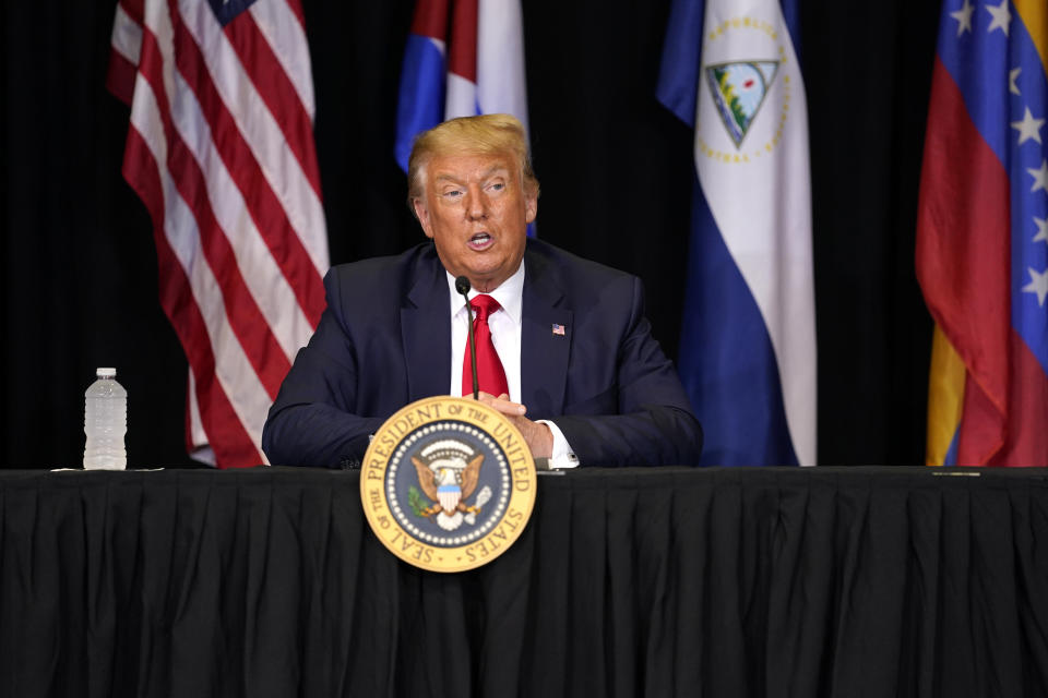 President Donald Trump speaks during a roundtable on Venezuela at Iglesia Doral Jesus Worship Center, Friday, July 10, 2020, in Doral, Fla. (AP Photo/Evan Vucci)