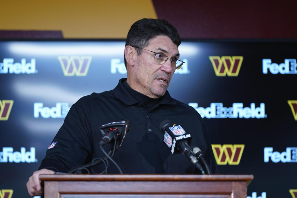 Washington Commanders head coach Ron Rivera answering questions for the media at the end of an NFL football game against the Atlanta Falcons, Sunday, Nov. 27, 2022, in Landover, Md. Washington won 13-19. (AP Photo/Alex Brandon)