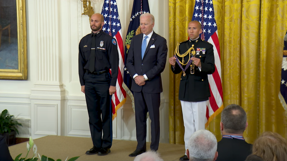 Pensacola Police Department Officer Anthony Giorgio was awarded the Medal of Valor on May 16 after aiding in the rescue of five individuals from potential drownings in May 2021.