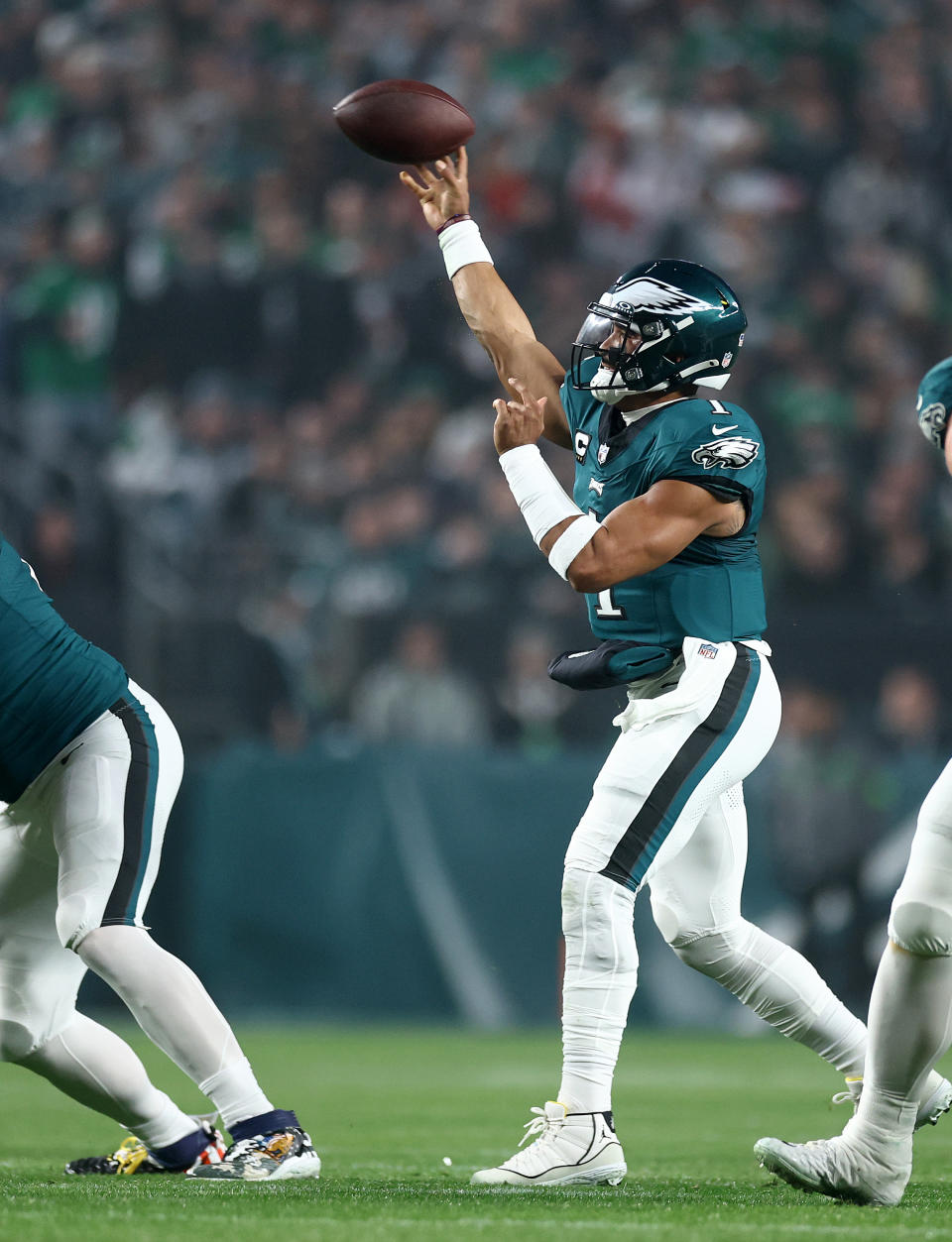 PHILADELPHIA, PENNSYLVANIA – DECEMBER 03: Jalen Hurts #1 of the Philadelphia Eagles throws a pass during the first quarter in the game against the San Francisco 49ers at Lincoln Financial Field on December 03, 2023 in Philadelphia, Pennsylvania. (Photo by Tim Nwachukwu/Getty Images)