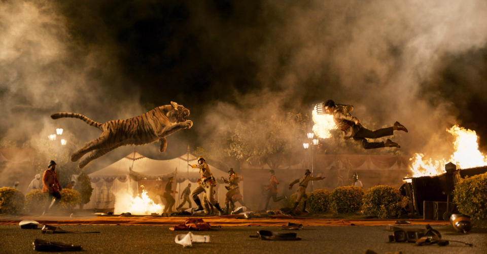 Ram flies through the air toward an oncoming tiger