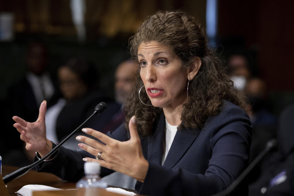 FILE - Myrna Perez, of New York, a nominee to be United States Circuit Judge for the Second Circuit, testifies before the Senate Judiciary Committee during a hearing on Capitol Hill in Washington, July 14, 2021. (AP Photo/Amanda Andrade-Rhoades, File)