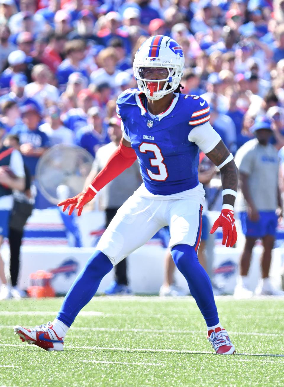 Oct 1, 2023; Orchard Park, New York, USA; Buffalo Bills safety Damar Hamlin (3) in punt coverage against the Miami Dolphins in the second quarter at Highmark Stadium. Mandatory Credit: Mark Konezny-USA TODAY Sports