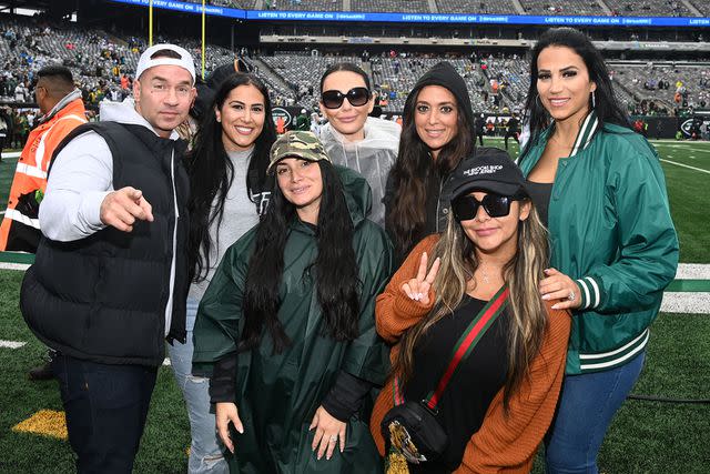 <p>Michael Simon/startraksphoto.com</p> The Jersey Shore cast poses with Sanaa Saleh at the Jets game at MetLife Stadium on Sept. 24, 2023.