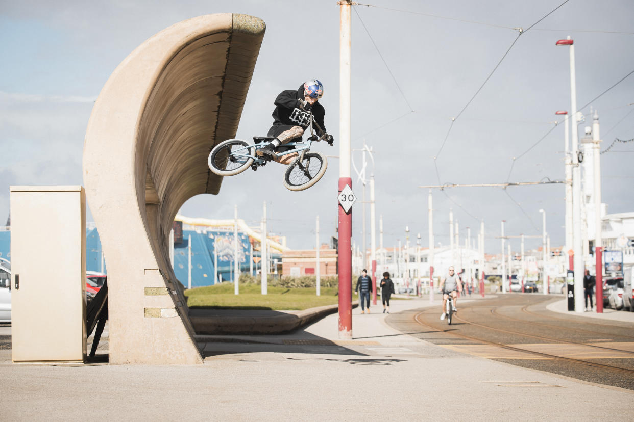 Kriss Kyle performs a stunt in Blackpool (Dave Mackison/PA)