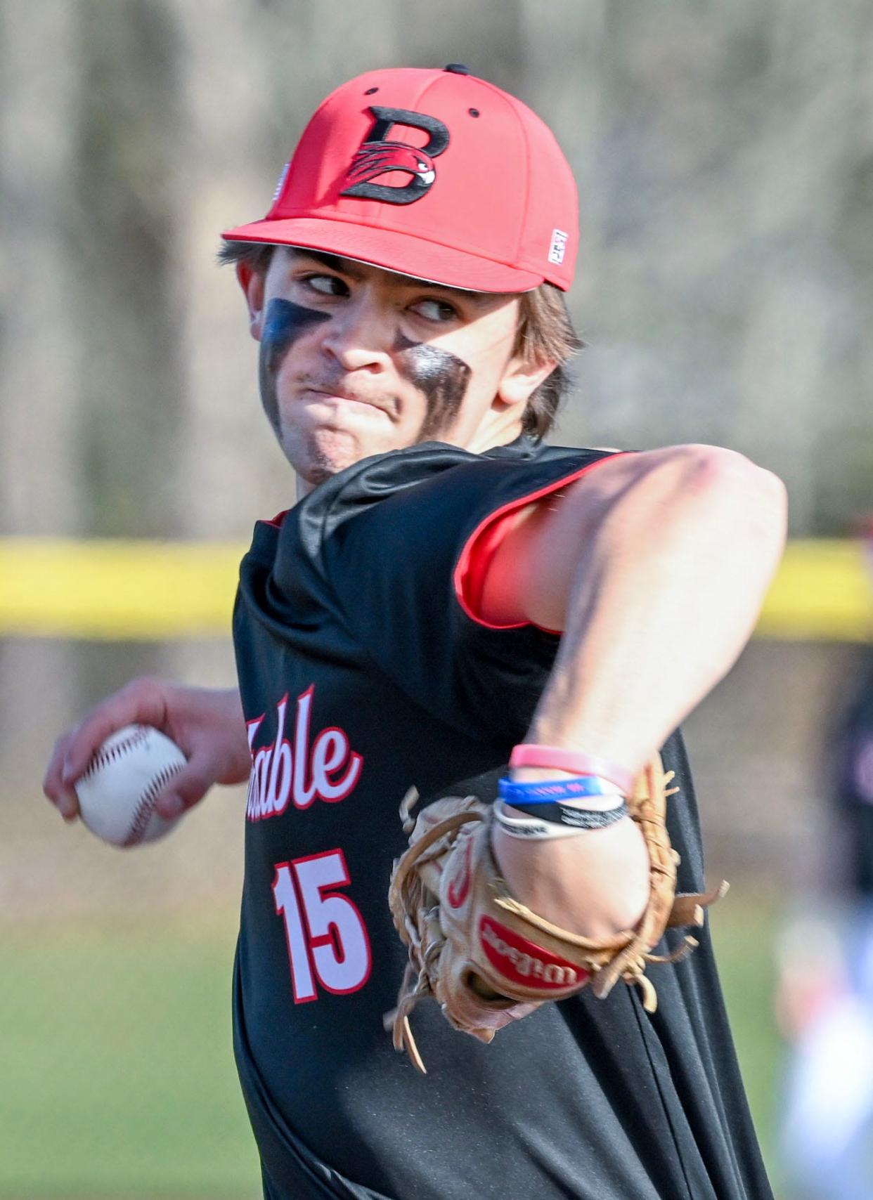 Barnstable starter Jack Tarbox winds up to deliver against Bridgewater-Raynham.