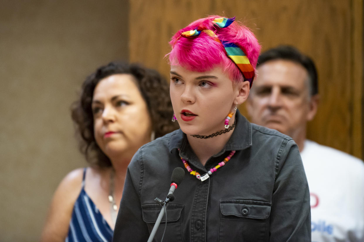 Image: Caroline Critz during the “Public Comment” portion of  a Grapevine-Colleyville Independent School District school board meeting in Grapevine, Texas on Aug. 22, 2022. (Emil T. Lippe for NBC News)